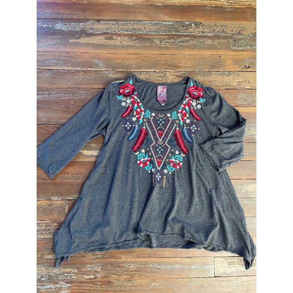 Johnny Was Embroidered Boho Tunic Top Womens L Gray Floral Folk Knit